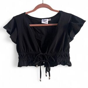 Princess Polly Black Cropped Tie Front Flutter Sleeve Blouse Layer Cotton Sz 6